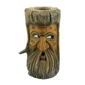 Rustic Hand Carved Wooden Candle Holder With Bearded Face Design